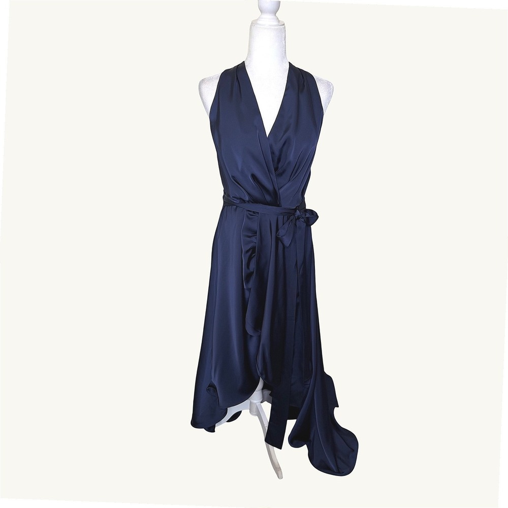New Mooyius Womens Fitted Halter Neck Maxi Evening Gown XL Navy Satin Wedding